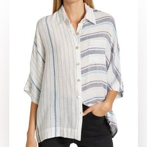 Rails Finley Mixed Aegean Blue Stripe Button Down Shirt Cotton Linen Blend Med